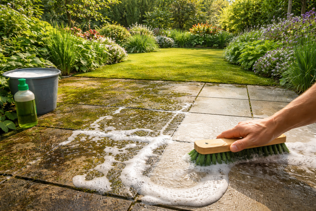 Groene aanslag van tuintegels verwijderen