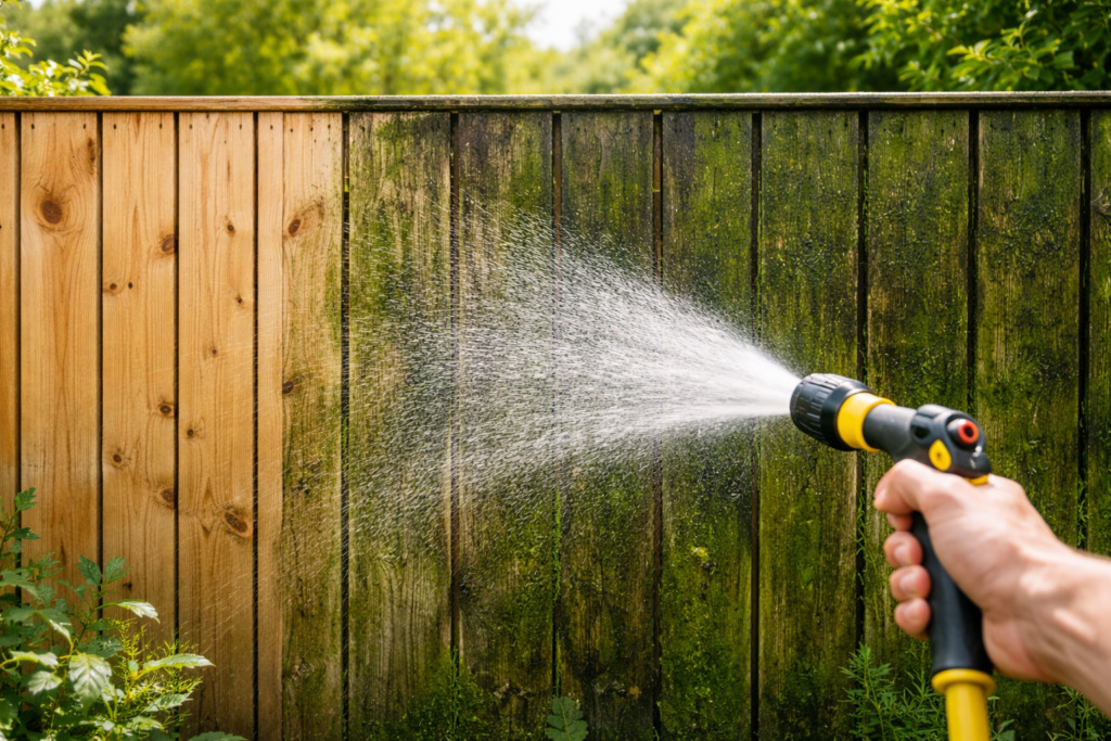 Groene aanslag van schutting verwijderen