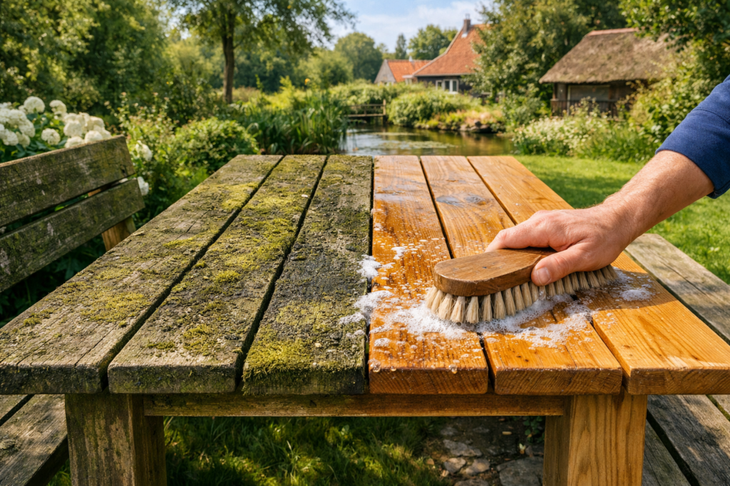 Groene aanslag van tuinmeubels verwijderen